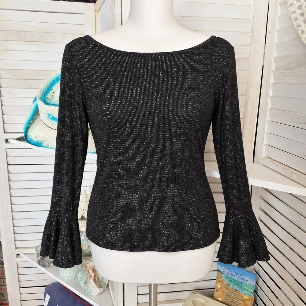 MSK Black Metallic Shimmer Bell Sleeve Top Large Ruffle Cuff Boat Neck Size XL